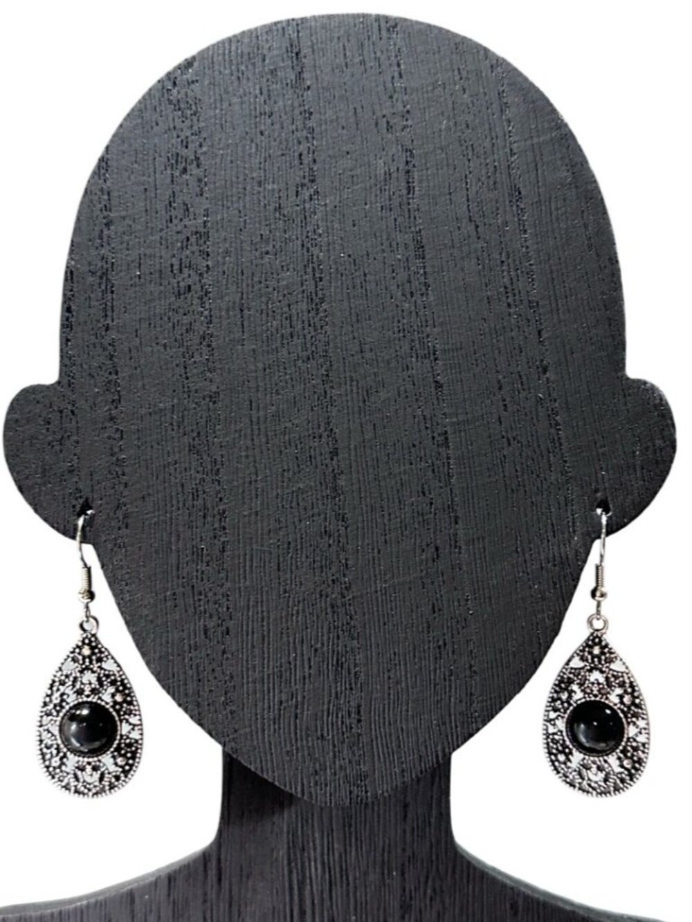 Teardrop Black Center Dangle Earrings Intricate Silver Tone Detailing 2 Inch
